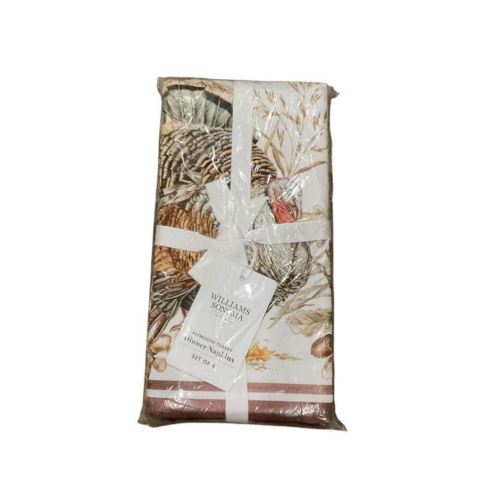 Williams Sonoma Plymouth Turkey Dinner Napkins Set of 4 Autumn Fall NWT